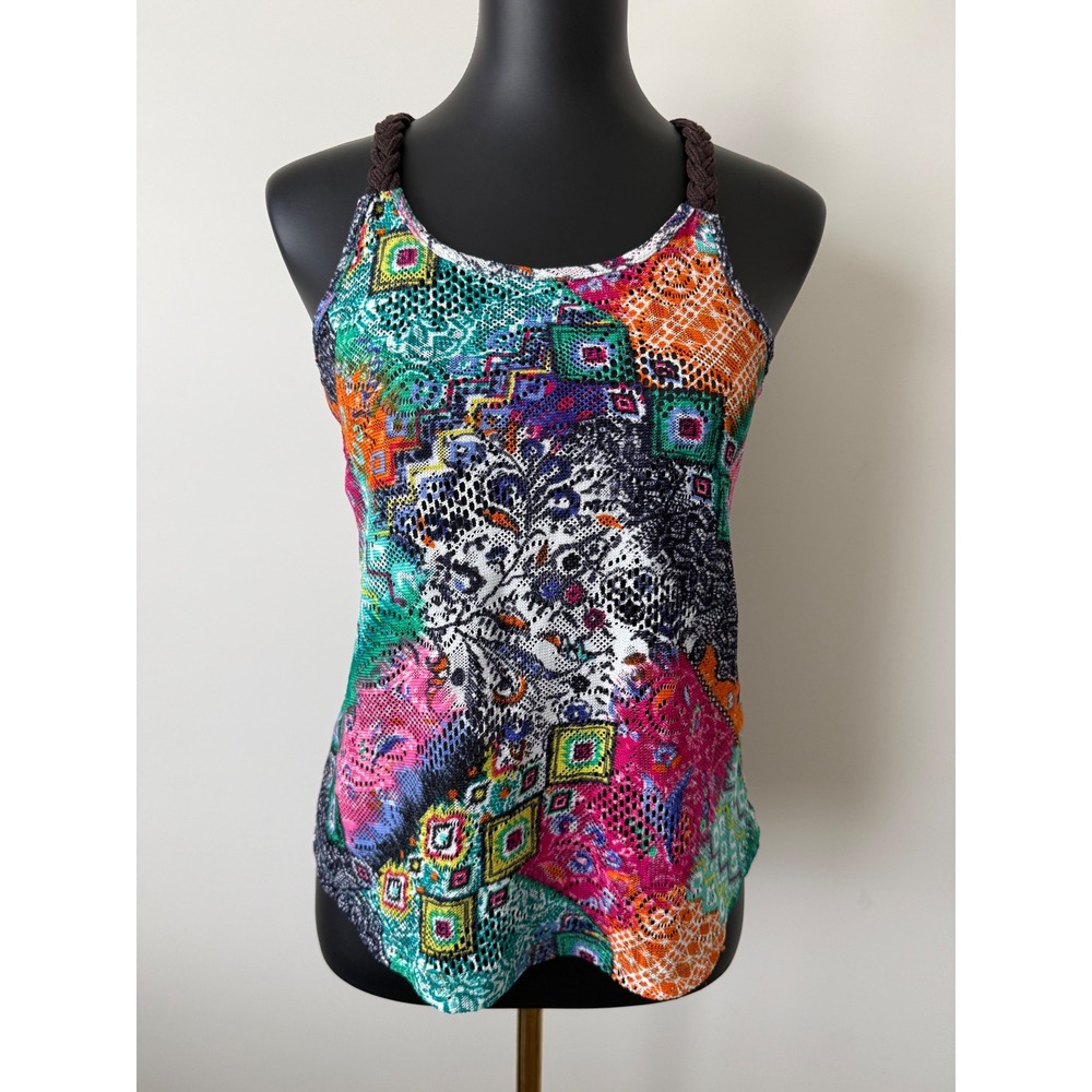 Pink Rose Boho Patchwork Knit Tank Top Braided Rope Macrame Racerback Small